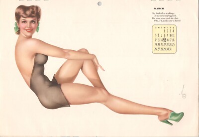 Original Vintage March 1944 VARGAS Pinup Calendar Girl Brunette