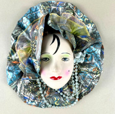 Venetian Clay Art Mask 10" Porcelain Mardi Gras Wall Art Pearls Wall Decor Face