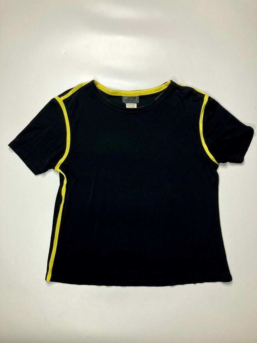 GIANNI VERSACE VINTAGE '97 BLACK RAYON T-SHIRT TOP YELLOW LINED