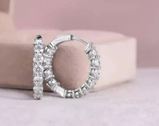 2CT Round Cut Real Moissanite Women Huggie Hoop Earring 14K White Gold Plated