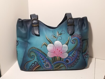 Anna by Anuschka Hand Painted Tropical Flower Leather Medium Shoulder Bag 