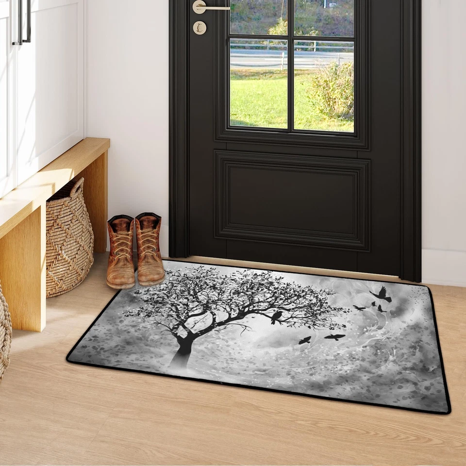 Alfombra de baño alfombra de área 20x31 pulgadas silueta de árbol pájaros cuervos blanco y negro gris Foto 2 de 4
