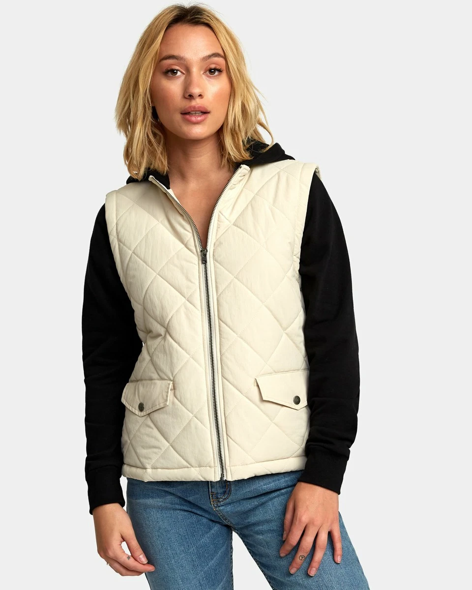New NWT RVCA Women s Joyride Zip Fleece Jacket Quilted Hoodie Vest Size XS