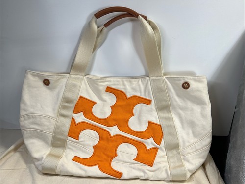 Vintage TORY BURCH - Cream Orange logo Canvas Leather Handles Tote Bag - Picture 17 of 17