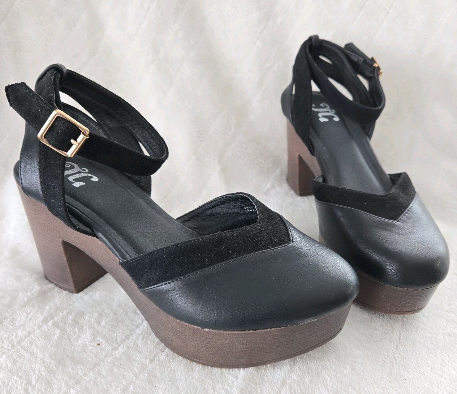 SAOLA JG plateau tacco cinturino alla caviglia tacco grosso suola effetto legno nero taglia 7