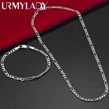 Genuine 925 Sterling Silver 4MM Chain Men Women Bracelet Necklace Jewelry Set