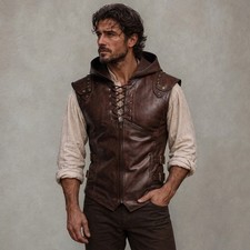 Medieval Hooded Leather Vest for Men, Renaissance Pirate Waistcoat, Viking Vest