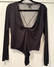 Victoria's Secret Black Bodysuit with Deep Plunge Neckline and Mesh LARGE