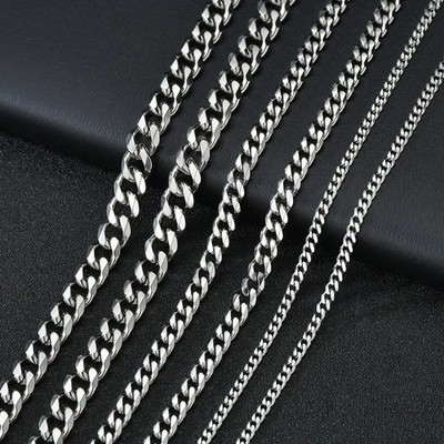 16-36'' Stainless Steel Silver Chain Cuban Curb Womens Mens Necklace 3/5/7/9/11mm