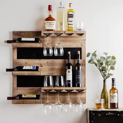 Wooden Wall Mounted Mini Bar Cabinet | Wine Storage Rack with Glass Holder
