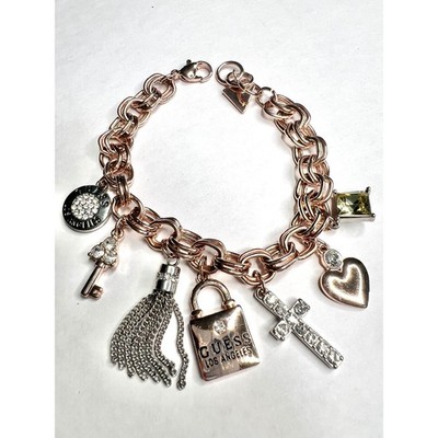 Guess Y2K Rose Gold Tone Charm Bracelet Lock Heart Cross Key Tassel Rhinestone