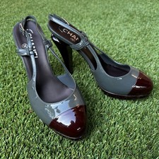Chanel Patent Leather Cap Toe Slingback Heels Size 38 Gray Burgundy NEW