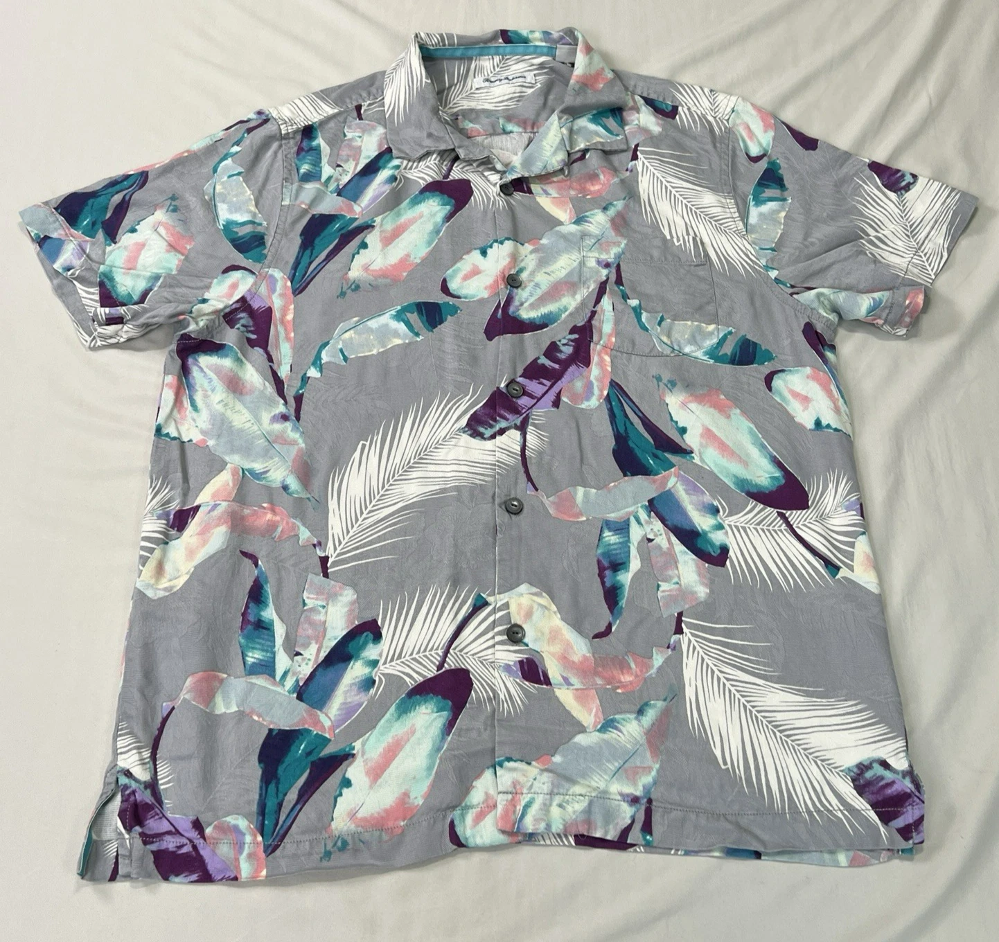 Tommy Bahama Silk Hawaiian Shirt Mens Large Gray Floral Beach Tropical Island