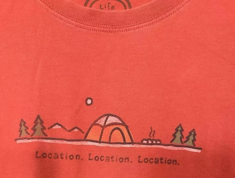 Life Is Good “Location Location Location” T-Shirt Men's L Orange Camping Tent