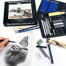 50-Piece Art Drawing Set Includes Graphite Charcoal Pencils Erasers & Sharpeners