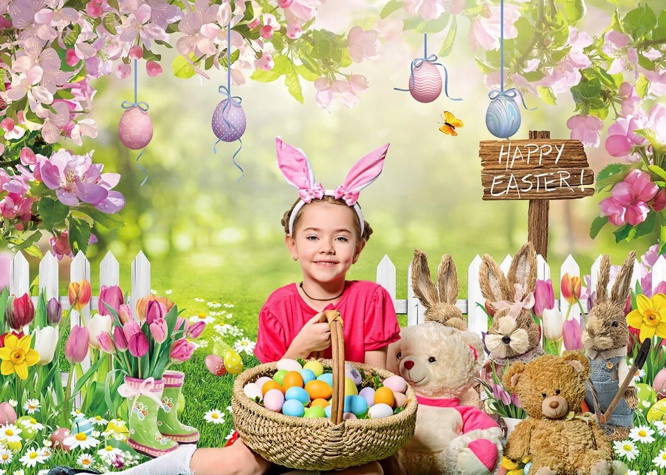 Telón de fondo de Pascua primavera conejito de Pascua jardín huevos coloridos fondo de fotografía Foto 2 de 4