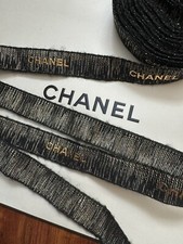 CHANEL Black Glittered  Metallic Gold Lettering Ribbon - 53  Long