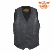 Men's Motorcycle Leather Vest Buttoned Closure with Concealed Carry & Side Laces