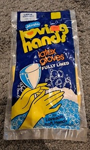 Vintage NOS Magla Loving Hands Yellow Latex Dishwashing Gloves LARGE
