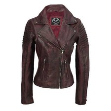 Ladies Women Vintage Style Soft Washed Real Leather Biker Jacket Slim Fit Size