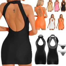 Women Glossy Cut Out Bodycon Mini Dress Halter Backless Dress with G-string