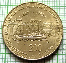 ITALY 1989 200 LIRE, Taranto Naval Arsenal 100 YEARS SAILING SHIPS UNC km# 130