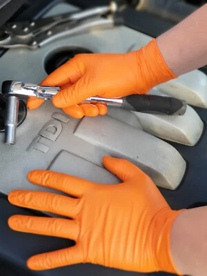 HEAVY DUTY TEXTURED GRIP NITRILE GLOVES 100 Gloves-Super Strong Diamond Grip Orange Disposable Nitrile Gloves-Mechanical