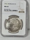 1921 Morgan Silver Dollar graded MS 64 by the Numismatic Guaranty Company