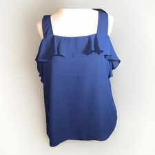 Banana Republic, Navy Blue Square Neck Ruffle Trim Sleeveless Blouse Med NWT 49