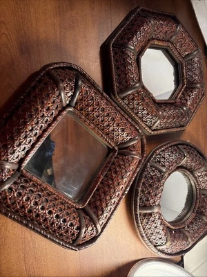 🔥 VINTAGE 1970s BOHO RATTAN MIRRORS 🔥 ✨ Set of 3 Matching Wall Mirrors ✨ - image 1 of 4