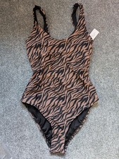 Bikini Genie Tan Zebra Print Scoop Neck Swimsuit 10UK