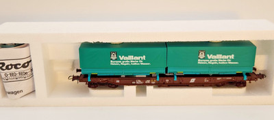 NEW IN BOX ROCO HO 46577 OBB SET (2) VAILLANT FREIGHT CONTAINER CAR + FLAT CAR