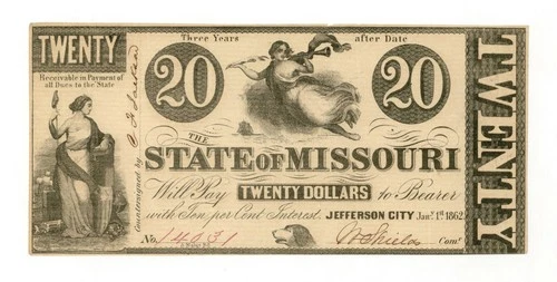 1862 Cr.1 $20 The State of MISSOURI Note - CIVIL WAR Era