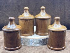MATCHING SET of 4 Antique Treen Lidded Spice Containers Wood Storage Jars 4 3/8”
