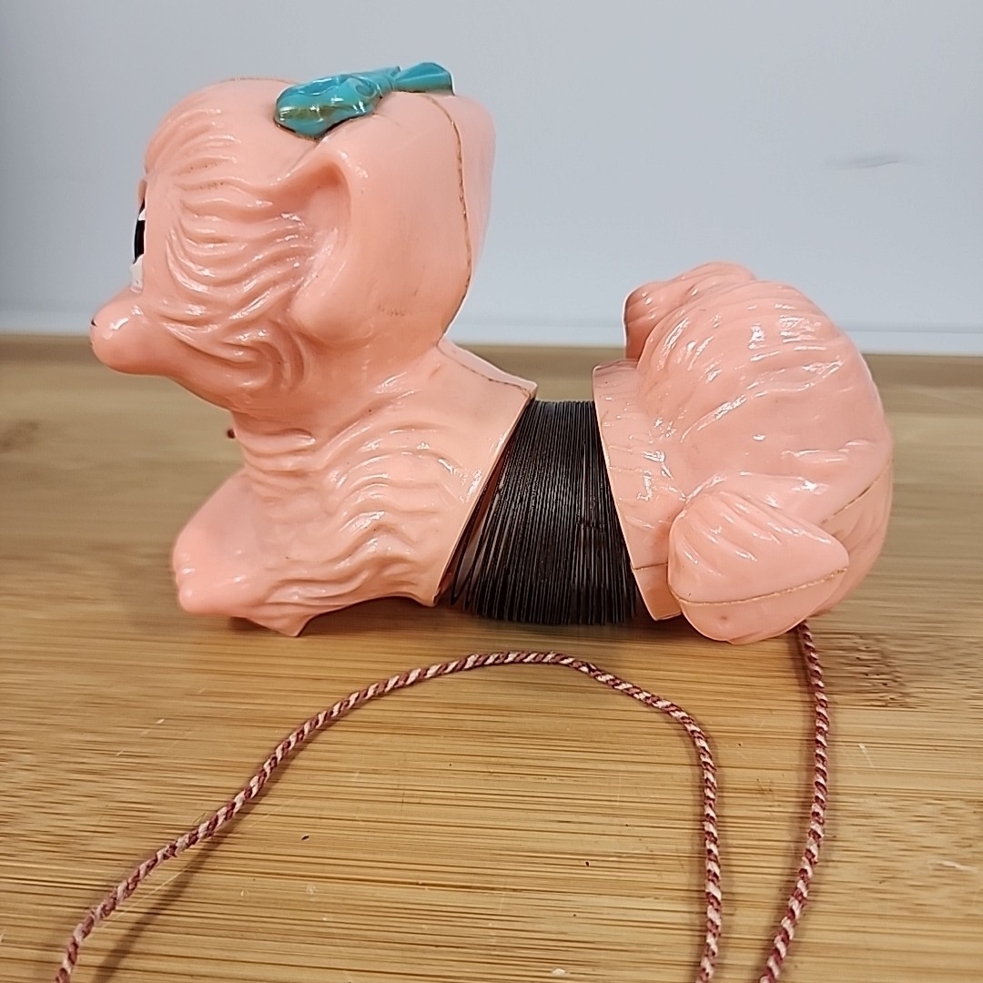 Vtg Slinky Kitty Cat Pink w/ Blue Bow Original Pull String Vintage Plastic Toy