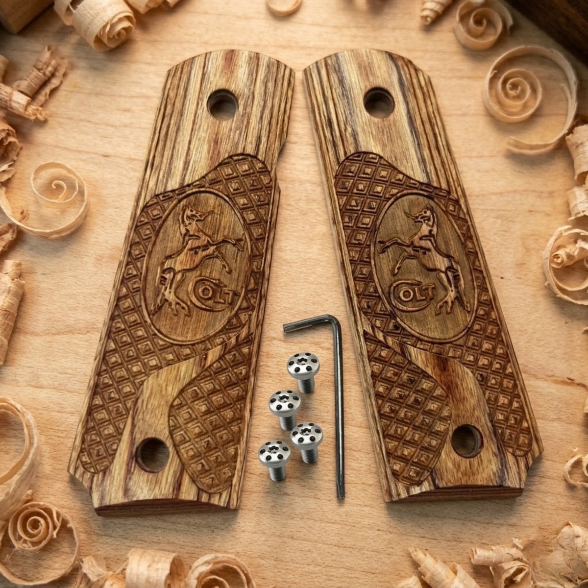 1911 Wood Grips Full Size + Screws & Wrench Fits Colt, Kimber, RIA