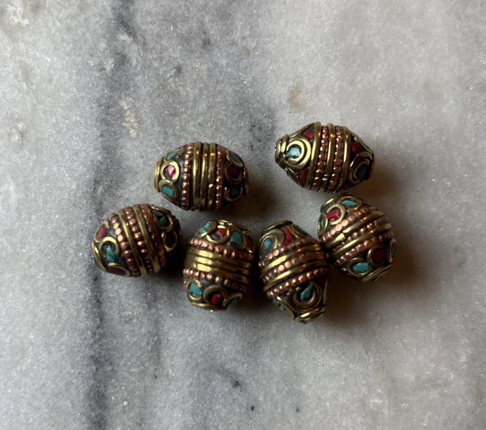 6pcs Tibetan Handmade Turquoise & Coral w Copper Bands  Beads 17x14mm CC139 - Image 2 of 3