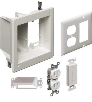 TVBR505K-1 TV Box Recessed Kit with Outlet and Wall Plates, 2-Gang, White 1-Pack
