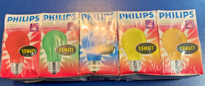 5 X PHILIPS GLÜHLAMPEN E27 15W ROT BLAU GRÜN GELB ORANGE PARTYLIGHT OUTDOOR