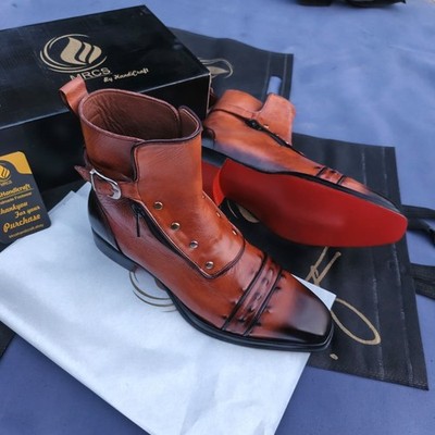 Handmade Genuine Leather Men's Brown Ankle Boots Side Zip Formal Chelsea Style