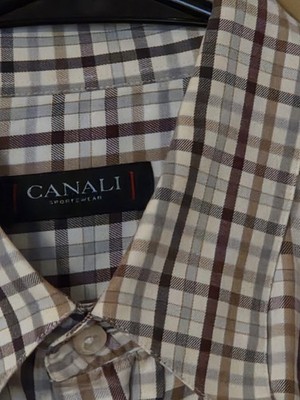 CANALI Men's Large Button Up Shirt Ivory Gray Burgundy Check Long Sleeved Excell