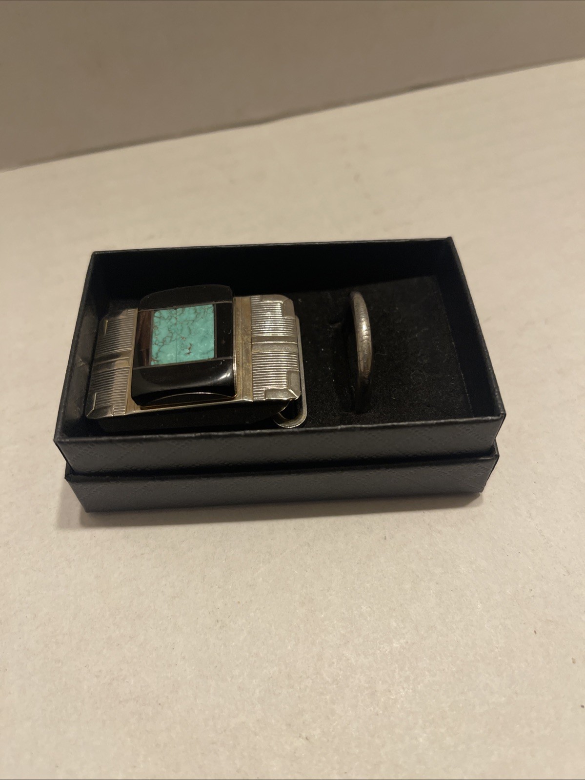 Vtg Turquoise Stone Rectangle Solid Brass Metal B… - image 8