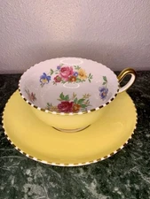 VINTAGE ROYAL CHELSEA Yellow Tea  Cup & Saucer Flowers Pink Blue Yellow