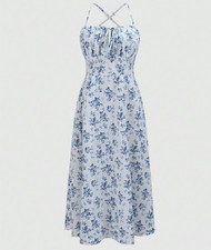 S Floral Summer Dress Adjustable Strap Tie Front Cottagecore A Line Blue White