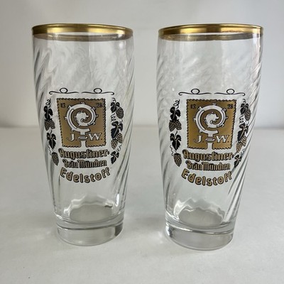 2 Augustiner Brau Munchen Edelstoff .25L Rastal German Beer Glasses Gold Rims