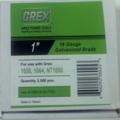Grex GBN16-25 (T25) 1 In. 16 Ga. Brad Nails, Galvanized, 2,500 CT
