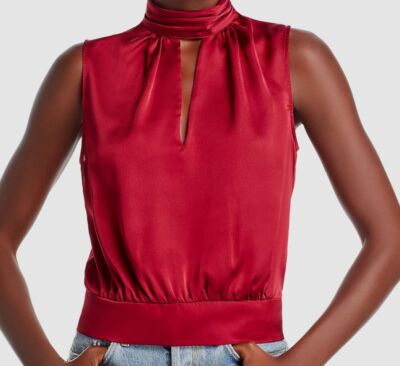 $265 Milly Womens Red Sleeveless Stretch Satin Blouse Top Petite Size P