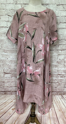 Alessia Pacini Rose Pink Floral Linen a-line Shift Dress Women's