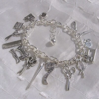 BELLE COUTURIÈRE - BRACELET ARGENTÉ 16 BRELOQUES machine à coudre fil aiguille - Photo 1/4