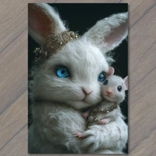 Art Print Fluffy Bunny Holding Tiny Mouse Jewelry Elegant Fantasy Whimsical